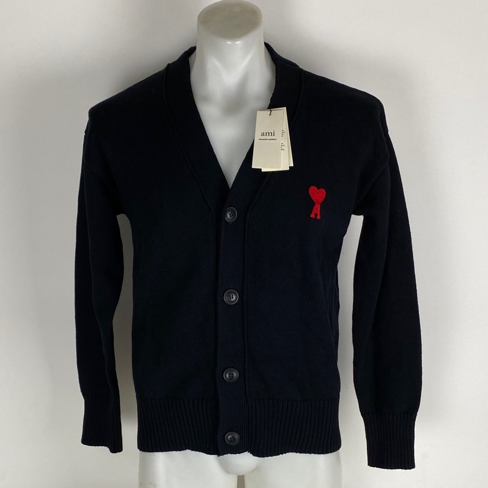 NWT AMI Paris Men's Wool Cardigan Black - Size Small Red Heart Logo